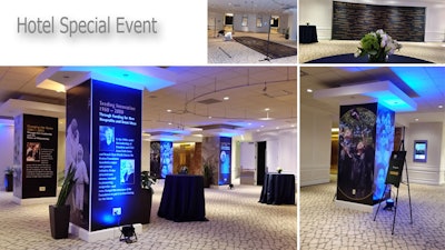 A large 23-by-9-foot.custom stand and printed backdrop for the 100th gala hotel wall