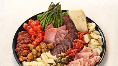Antipasto platter featuring sliced meats, braised mushrooms, marinated artichokes, cheeses, and grilled asparagus.