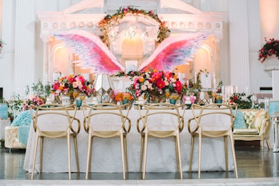 A pair of wings from artist Colette Miller of the Global Angel Wings project was the eye-catching emphasis of the table known as “Dancing Angels Along the Mediterranean,” designed by Sterling Engagements and Shawna Yamamoto Event Design.
