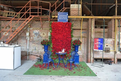 A selfie station was set up for guests to get a snap of themselves in front of an English garden rose wall and tea set, which were hand built by sponsor Caspar Haydar Design.