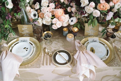 At the “Hibiscus Glitz” table, designed by A Good Affair and Little Hill Floral Designs, Dish Wish Girl provided whimsical rentals: Plates were emblazoned with sayings like “holy shiitake” and “it takes two to mango.”
