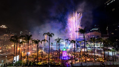 The fireworks finale at a grand opening celebration