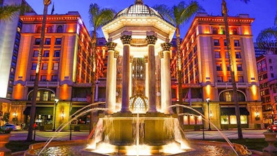 The Broadway Fountain stands in front of the U.S. Grant hotel.