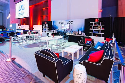 Events DC utilized a black, white, red, and blue design for its lounge where private chefs served made-to-order peppercorn-crusted filet mignon, Maryland crab cakes, and jumbo poached shrimp with chilled asparagus and white truffle mashed potatoes.