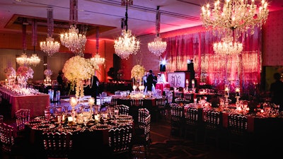 Crystal chandeliers hung in the Pittsburgh Fairmont Wedding Ballroom.