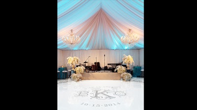 An outdoor tented anniversary at the Hyehold Restaurant with custom floor graphics.