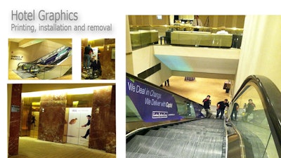Ferrante & Associates printed, installed, and removed escalator and elevator graphics for a hotel event.