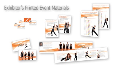 Exhibitor’s printed event materials, tabletop posters, handout sheets, business cards, and company brochure