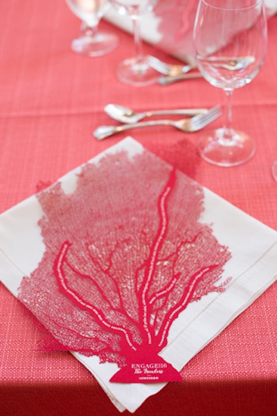 For the beach club luncheon, Kreckel designed delicate laser-cut menu cards shaped like sea fan coral.