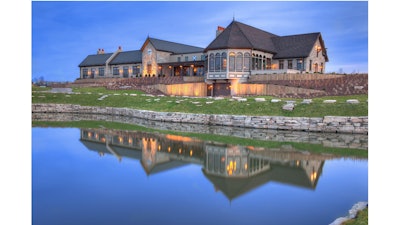 Mistwood Golf Club's clubhouse, courtyard, and pro shop building.