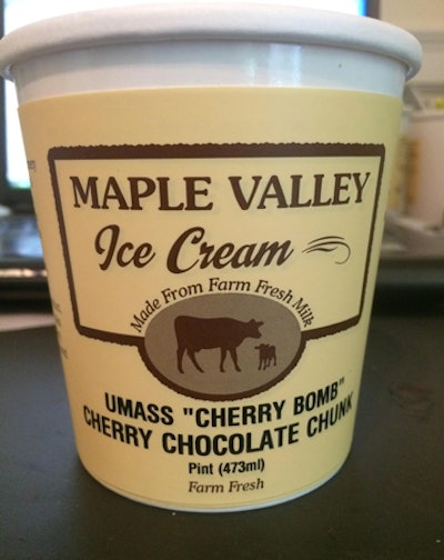 Maple Valley Creamery in Hadley, Massachusetts, has teamed up with University of Massachusetts Amherst to have a contest every April to invent a new ice cream flavor. Food-science students at the university compete in the event, which is judged by local leaders in the food industry. The winning flavor is produced and marketed by Maple Valley Creamery and has the honor of being the official University of Massachusetts Amherst ice cream flavor for the season. Pictured here is the winning flavor of 2015.
