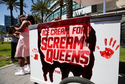 For the Fox TV series Scream Queens, which premiered in 2015, the network had an 'Ice Cream for Scream Queen' promotion in multiple cities in the weeks leading up to the series premiere. A branded ice cream cart roamed the streets, and event workers gave away free ice cream scoops to people who screamed loudly.