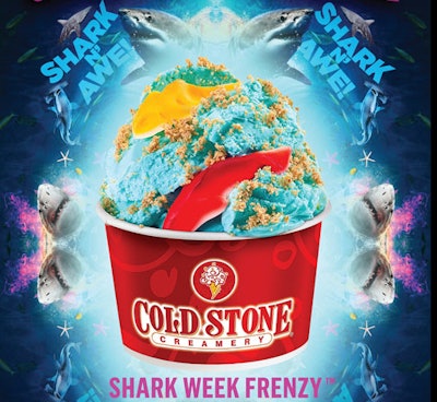 In June, Cold Stone Creamery teamed up with Discovery Channel to promote the network's Shark Week by creating two new limited-edition items for the Cold Stone Creamery menu. One of the items was Shark Frenzy Creation, consisting of Blue Sweet Cream Ice Cream mixed with graham-cracker pie crust and gummy sharks.