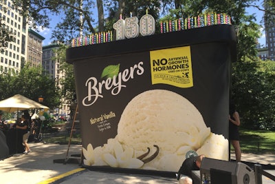 In celebration of its 150th birthday, Breyers created a pop-up exhibit shaped like a giant carton in New York's Madison Square Park on June 22. Event attendees could receive free Breyers ice cream samples from brand ambassadors, as well as walk through the carton to learn about the history of Breyers. The activation was produced by AgencyEA in partnership with Golin Harris.