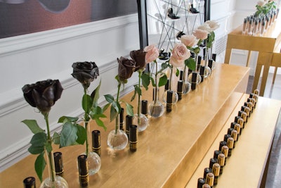 The event team spray-painted roses to represent the more than 20 shades of the brand’s foundation. Barlow said that “the biggest challenge was the amount of product being featured and to [be able to] display each piece but in an organized way.”
