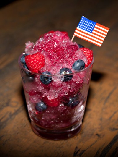 The patriotic Berry Explosive Raspado cocktail from Milagro Tequila includes the brand’s silver label tequila, fresh lime juice, agave nectar, raspberries, blueberries, fresh mint leaves, and peach bitters.