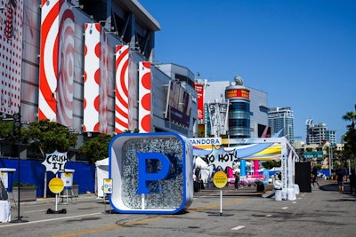 Once through the gates, guests found a giant version of Pandora's app icon, more than 12 feet high in 3-D, and covered in reflective disks to match the custom stage backdrop. Guests lined up throughout the day to climb into it and take photos.