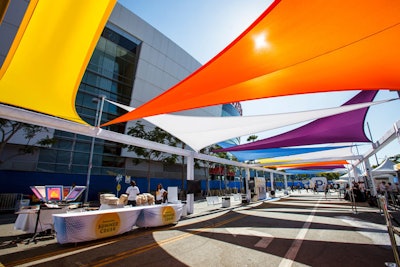 A 150-foot-long shade structure had 12 custom sails meant to keep guests cool against the summer sun. In anticipation of the heat, Pandora also secured an offsite check-in area at the JW Marriott to keep fans out of the elements and maintain crowd control.