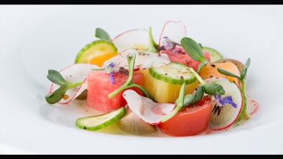 Summer Melon Mosaic with Cantaloupe, Crenshaw Melon, Yellow Watermelon, Heirloom Toy Tomatoes, Persian Cucumbers, and Zuzu Vinaigrette