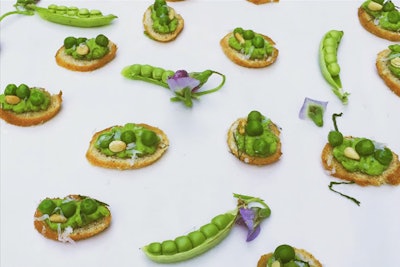 In June, the Museum of Modern Art in New York hosted its Party in the Garden, and caterers paid special attention to food presentation on the tray. Sweet pea and pesto crostini from Union Square Events took on artful forms of their own.
