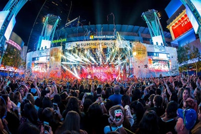 The Pandora Summer Crush concert took over a full city block footprint in Los Angeles; the late-summer program is the brand's largest single-day consumer event of the year.