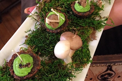 Last year in Los Angeles, Ted Baker hosted an event at Carondelet House, where Tres L.A. whipped up whimsical catering trays reminiscent of organic environments. On one presentation, moss and whole mushrooms surrounded mushroom griddle cakes.