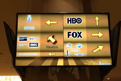 The Golden Globe awards are known to bring a crush of parties all under the roof of the Beverly Hilton on one night. Directional signage on flatscreen monitors in the lobby during the 2014 events directed guests to the various parties, minimizing confusion and delays as well as the necessity for staff intervention.