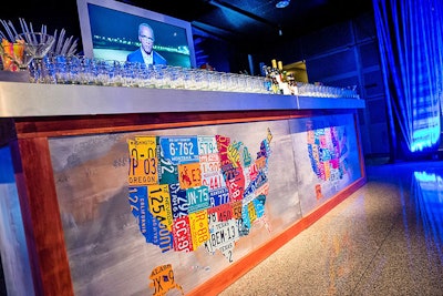 A map of the United States made from license plates representing each state decorated the bar in the Americana-theme lounge outside the Annenberg Theater on the first floor.