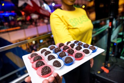Servers wore yellow and green, two of the colors of the Brazilian flag, on T-shirts with 'Brasil' written on them. Meanwhile, Brazilian chocolate truffles known as brigadeiro were set in red, white, and blue wrappers.