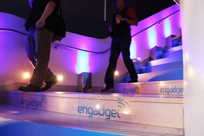 Engadget hosted a meet-up for its readers in New York in 2011. Not missing an opportunity to brand the venue for 1,400 guests walking the stairs, the AOL-owned tech blog used them as surfaces on which to plaster its logo.