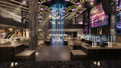 Grand main floor with kinetic motion ceiling, built-in DJ booth, LED screens, and movable furniture.