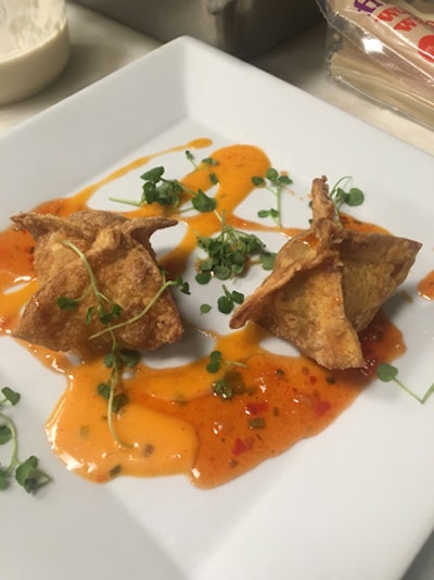 North Carolina-based B&B Inc. chefs demonstrated how to make pork-belly pot stickers served with sriracha mayo during the caterer's five 30-minute sessions, which were part of the round-robin tasting series held on August 17.