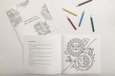 At Zendesk’s Relate conference, which took place in Sydney in July, the company created coloring books as a playful look at the complex relationships businesses and customers experience. Each illustration depicted two opposite forces—such as sun and moon, sea and space, etc.—along with a poem or joke that further explored those relationships. Attendees could color the books using colored pencils provided on tables around the event, and they also received a coloring book to take home in the conference gift bag.