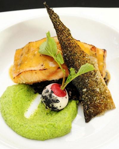 Thomas Caterers of Distinction executive chef Rachanee Keovorabouth presented many examples of unique garnishes during her presentation, including this ginger miso butter salmon accompanied by a lemon nori-dusted salmon skin chip and forbidden black fried rice and broccoli puree.