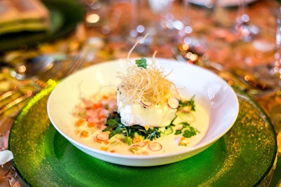 Design Cuisine took inspiration from the Cape Code National Sea Shore for the first course of poached halibut in a clam chowder sauce with wilted baby spinach and potato hay.