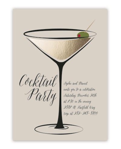 A customizable invitation from Minted features a metallic martini and comes with free recipient addressing. Fifteen flat cards cost $44.