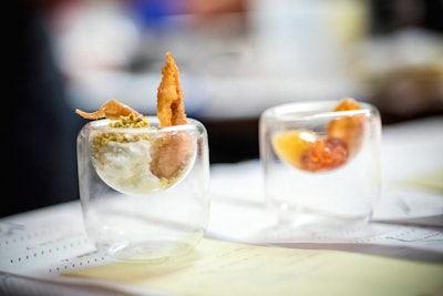 For cocktail parties, chef Anthony Bucco of Crystal Springs Resort in Hamburg, New Jersey, suggests a modern passed hors d’oeuvre like his quail egg, trout roe, and chicken skin dish, which is presented in a shot glass and topped with yogurt foam, chopped pistachios, and more chicken skin. Bucco also serves potato croquettes topped with crème fraîche and orchid leaves for the holidays.