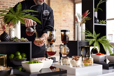 Ramen Station with broth freshly infused with wild mushrooms and served from hot tea siphons