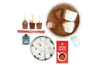 For a nonalcoholic option, try the hot chocolate kit from artisanal food purveyor Mouth. Kits, $53, contain a mix of hot chocolate pops, cocoa mix, handmade marshmallows, and peppermint sticks for stirring.