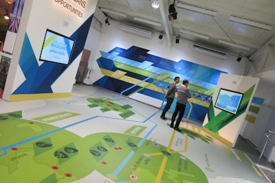 A large timeline on the wall displayed key moments in Cisco’s history in Brazil for more than two decades, with lines visually connecting some of those moments to their locations on a map on the floor. Interactive screens around the room displayed data from Cisco’s network around the city, such as social media activity of the athletes and connectivity related to NBC’s broadcasts.
