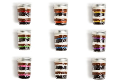 Jars by Dani creates cake jars and can customize colors and toppings along with logos and messages for any event. Flavors include white chocolate, cookie dough, fudge brownie, and more.