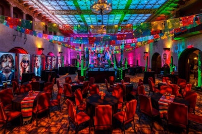 In the ballroom, colorful paper garlands hung overhead as part of the Mexican theme. 'Zach [Galifianakis’] character spends a lot of time in Mexico after the robbery, which is always a fun theme to recreate and also allows for lots of color and fun decor elements,” said YourBash partner and co-owner Brian Worley.