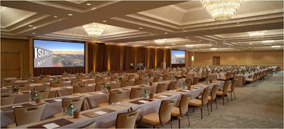The grand ballroom was set up with Five-Star AudioVisual’s custom columns and drapes