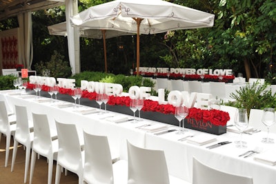 Block-letter table centerpieces at Revlon's philanthropic luncheon had a 'love' theme supporting the brand's Love Is On Million Dollar Challenge.