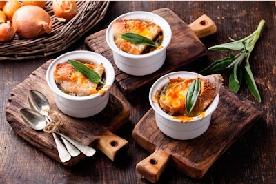 French onion soup with beer-infused broth, by Marcia Selden Catering & Event Planning in Stamford, Connecticut