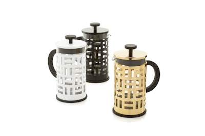 A classic French press coffee maker from Bodum features a modern, geometric frame with a clear glass beaker. It’s available in both white and black for $40 each, and gold for $60, through Crate & Barrel.