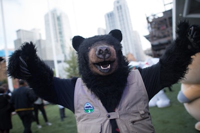 Various Salesforce mascots participated in the conference, including Codey, a bear associated with the Trailhead campaign.