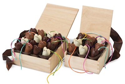 L.A. Burdick Chocolate offers a selection of corporate gifting options, including almost-too-cute-to-eat mice—which are available in dark, milk, and white chocolate and feature toasted almond ears and silk tails—as well as penguins made with whipped dark chocolate and lemon ganache filling. Pricing ranges from $16 for a classic gift box to $1,000 for a treasure chest filled with sweets.