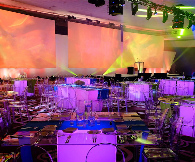 60-inch square, clear lighted highboys at Ormolu event.