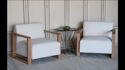 White oak contemporary lounge chairs with ivory fabric upholstery